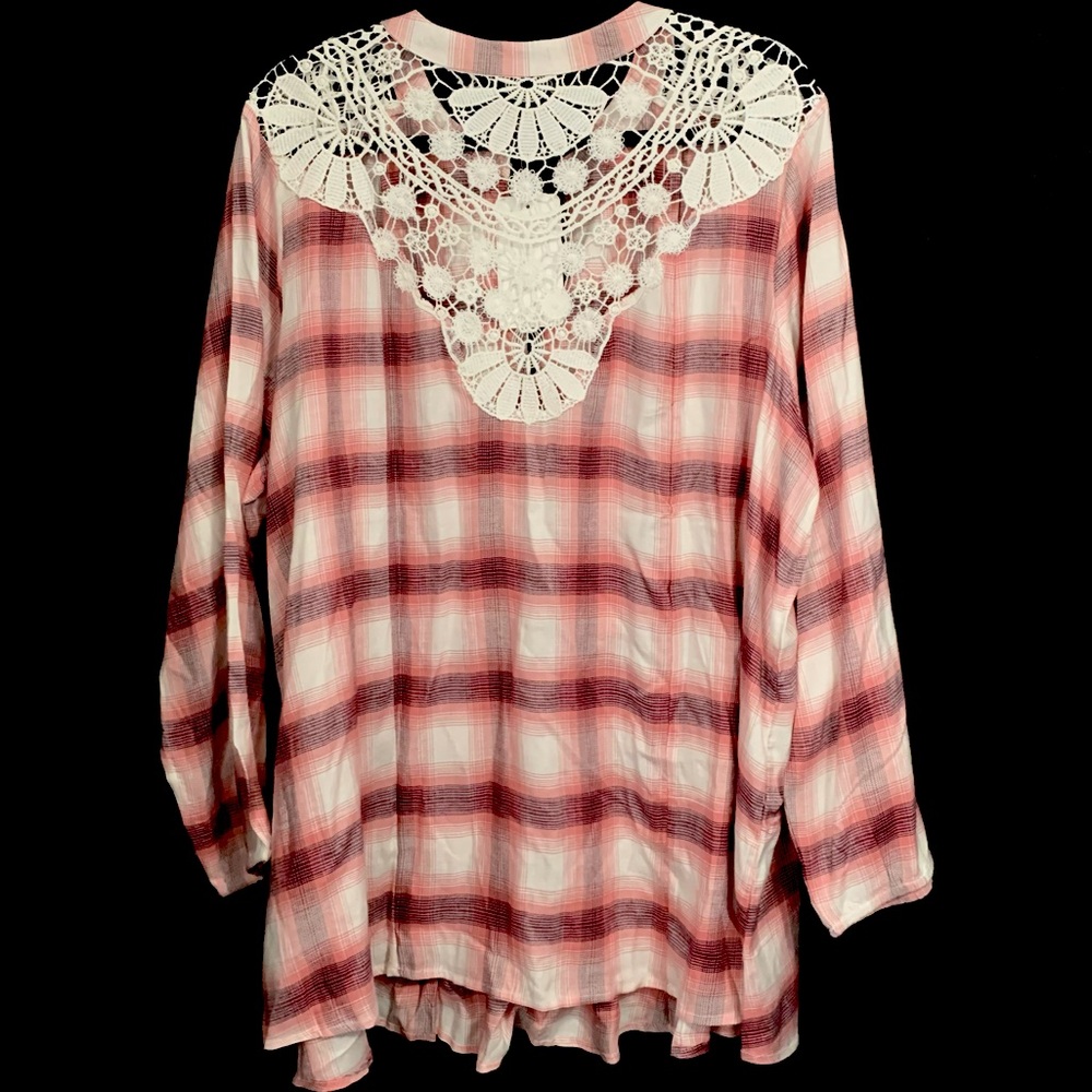 June + Vie Plaid Plaid Crochet Lace Embellished Tunic - Picture 2 of 5